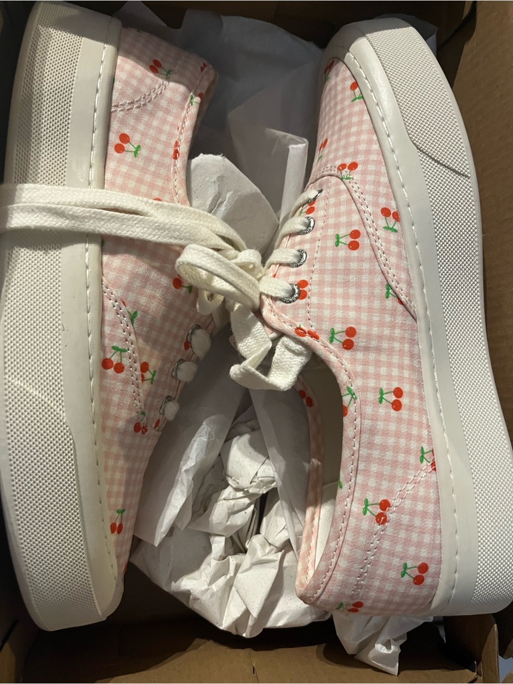 Sperry Pink Gingham Canvas Sneakers with Cherry Print